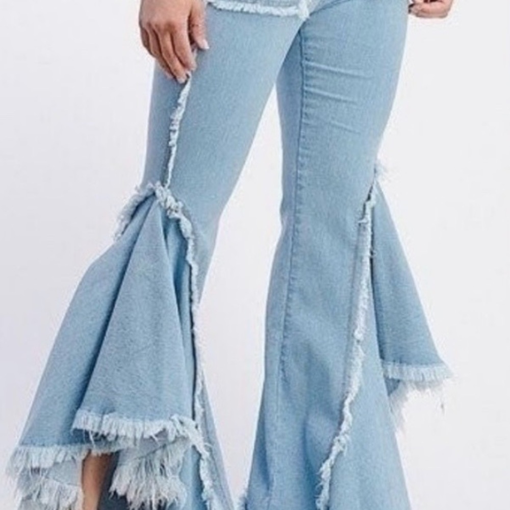 PURPLE CANDY Luxury Jeans W/Fraying, Asymmetrical Hem & Ruffled Waterfall Trim